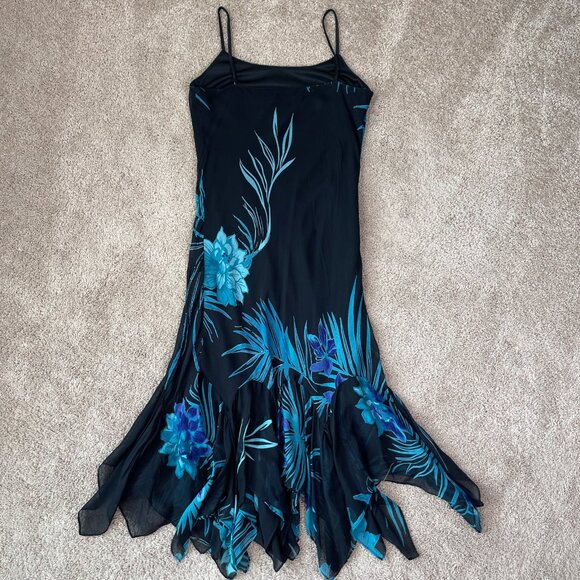 Eva Blue Dress Womens M Blue Floral Tropical Beaded Midi Y2K Whimsygoth Fairy - Picture 10 of 12